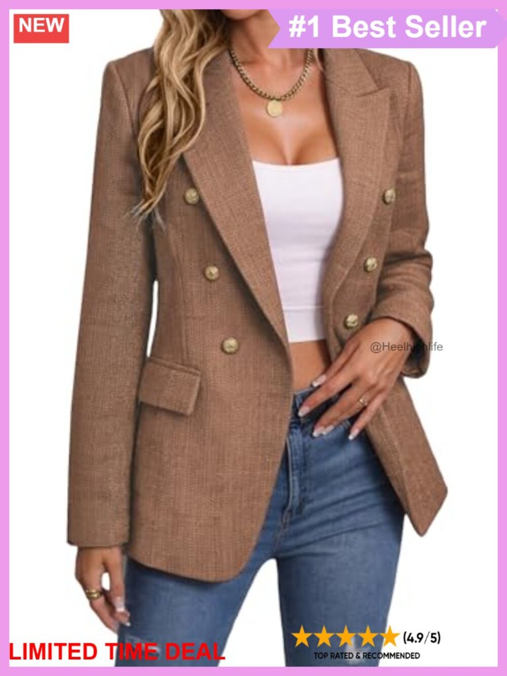 Tweed Blazer Plaid Jacket Business Casual Coat Relaxed Fit